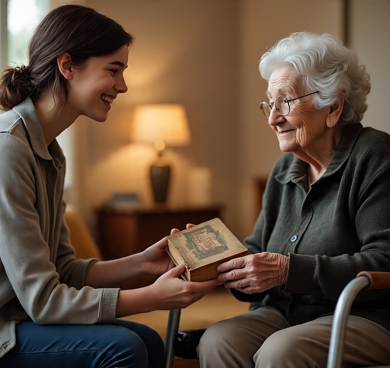 Jovem voluntária sorrindo, entregando um livro a um idoso.