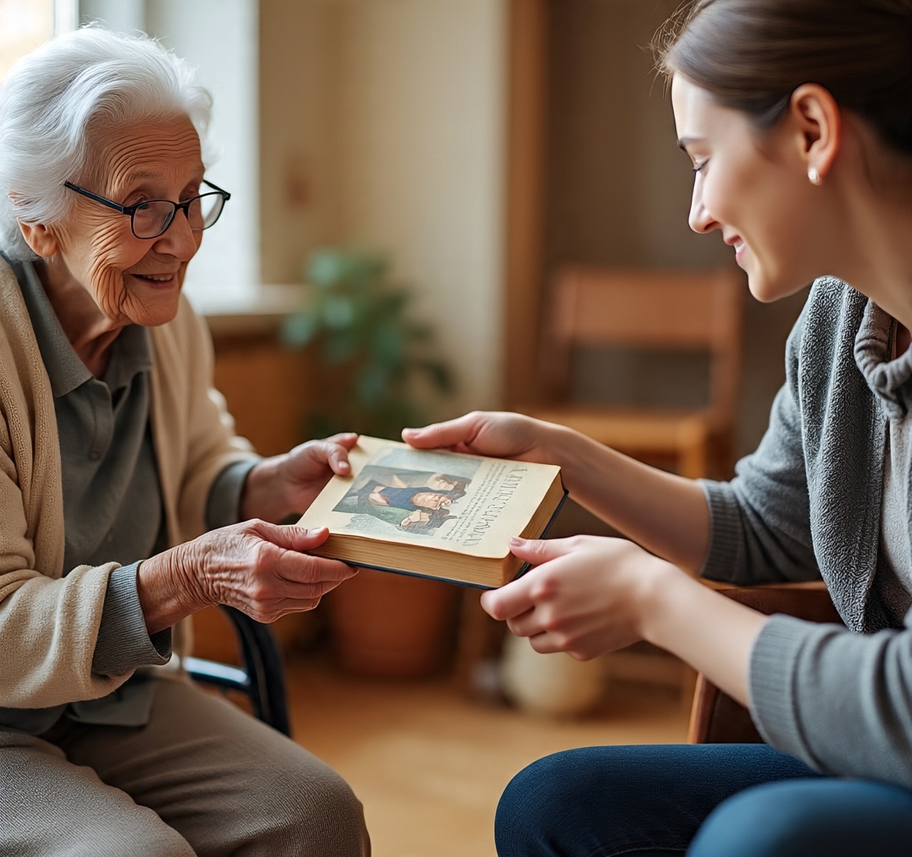 Jovem voluntária sorrindo, entregando um livro a um idoso.